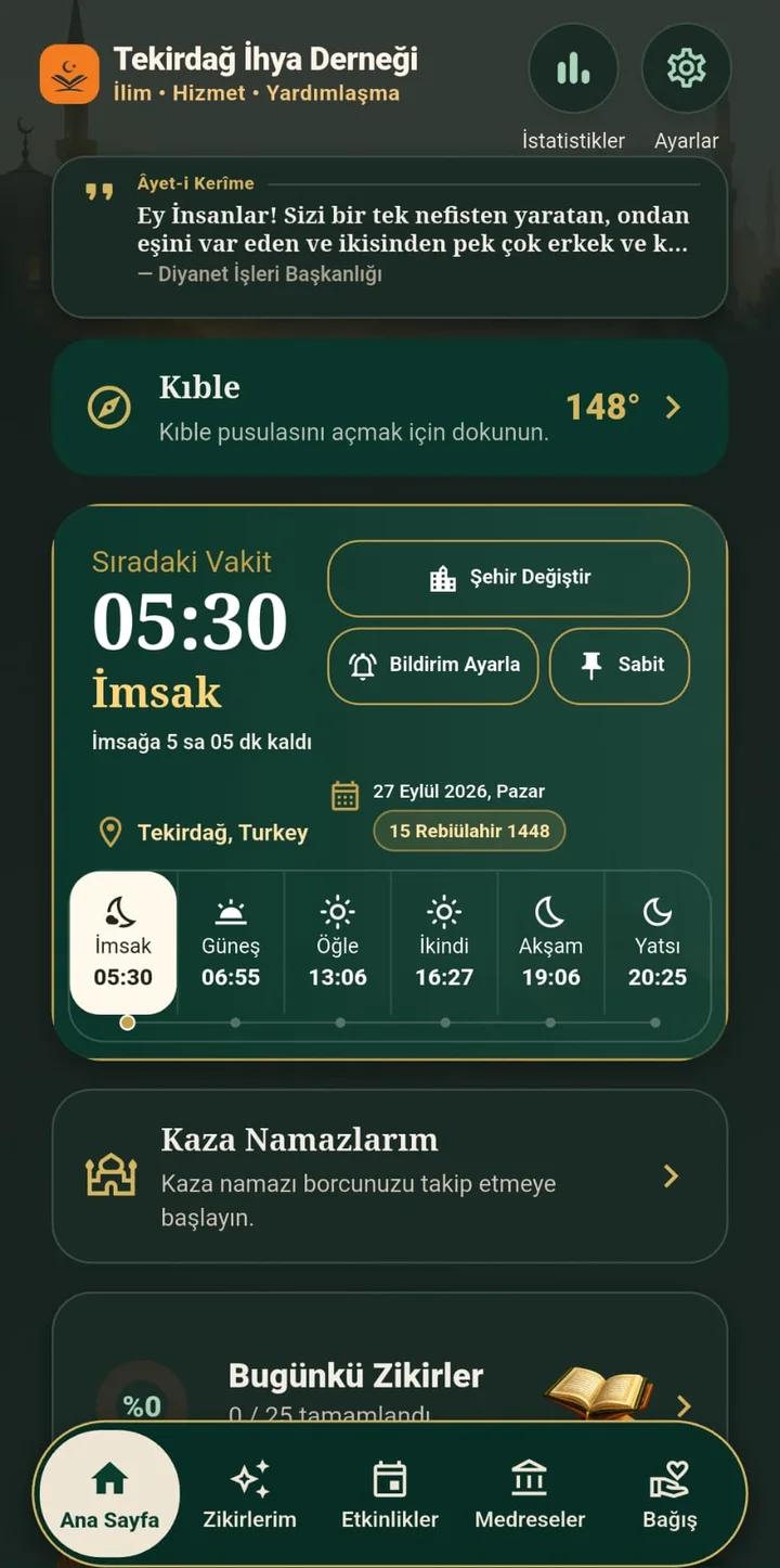 İhya Mobil ana sayfası: günün ayeti, kıble yönü ve sıradaki namaz vakti