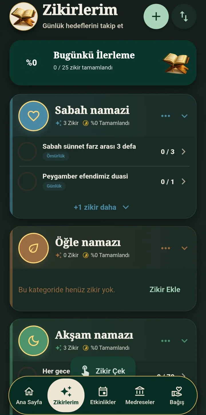 İhya Mobil Zikirlerim ekranı: günlük zikir hedefleri ve ilerleme